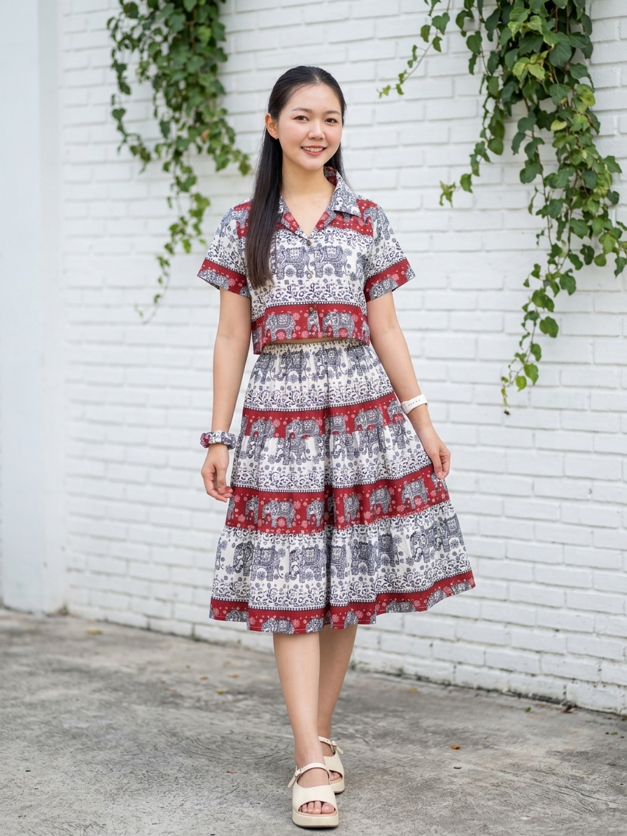 ชุดเซ็ตเสื้อครอปและกระโปรง ลายช้างญาญ่า ผ้าไหมอิตาลี่เกรดพรีเมียม