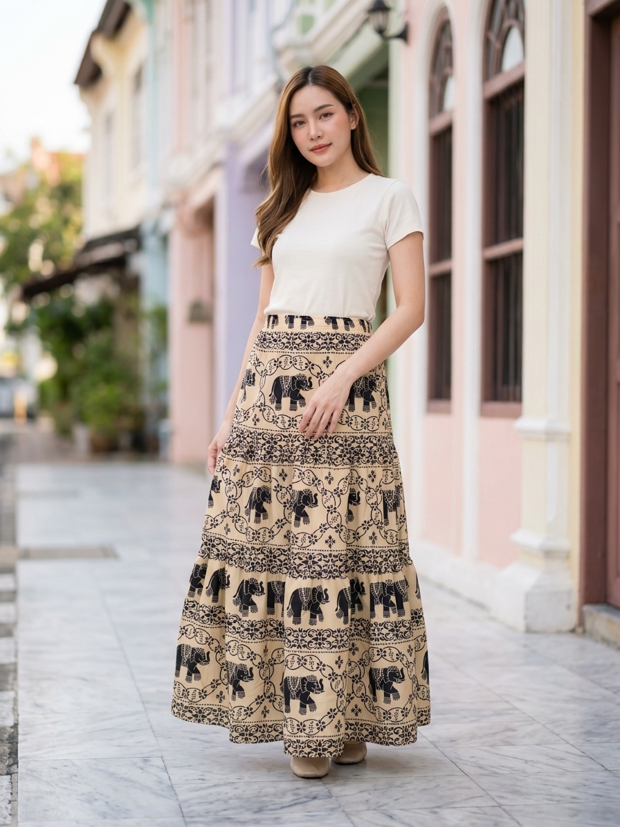 กระโปรงยาว ลายช้างเถาวัลย์ ผ้าไหมอิตาลี